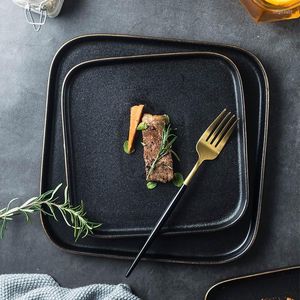 Plates Retro Ceramic Black Steak Dinner Porcelain Square Matte Frosted Scratch-resistant Dishes Dinnerware Dishware