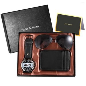 Orologi da polso Orologi da uomo di lusso Porta carte di credito Portafoglio Occhiali da sole alla moda Set Cinturino in pelle Orologio da polso da lavoro Regalo per fidanzato marito