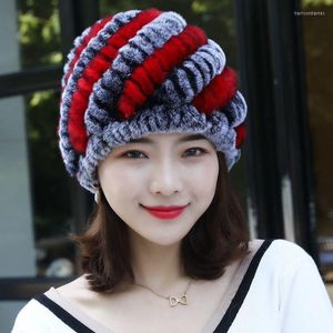 Berets Winter Warm Women Knitted Wool Cap Natural Real Rex Fur Hats Kintted Outdoor Hat Skullies Beanies