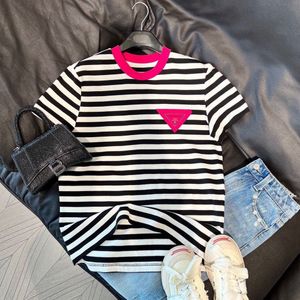 Brand 2023 Summer New Striped Color Contrast Triangle Printed Short Sleeve T-shirt Casual Fresh Loose Comfortable Women's Top