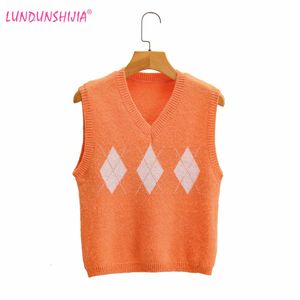 Damenwesten LUNDUNSHIJIA Herbst Frauen Diamant Plaid Pullover Weste Ärmellose V-ausschnitt Orange Strick Weste Weibliche Casual Pullover Tops 230511