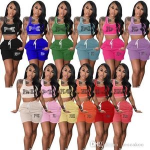 Sommer Sexy Yoga Outfits Frauen Trainingsanzüge Designer Kleidung Brief Gedruckt Tank Top Und Shorts Mit Taschen 2 Stück Set