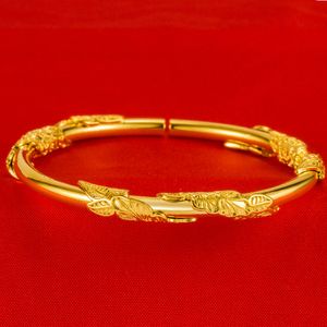 Bracciale rigido da donna in vero oro giallo 18 carati con design floreale pieno di belle ragazze da sposa, regalo di compleanno per la festa nuziale