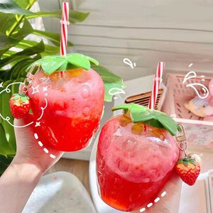 Nowy 500 ml Kawaii Strawberry Water Bottle Cute Strawberry Straw Water Butelka PP Milk Coffee Słomka Sok Sok