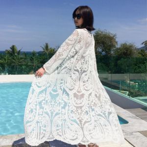 Cover-up 2022 Dress Beach White Lace Summer Maxi Dress Women Long Sleeve Beach Cover Up Sexy See Through Boho Bikini Beachwear Coverups