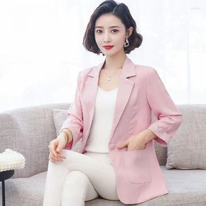 Women's Suits Fashion Pink Blazer Femme Slim Wild Temperament Ice Silk Cotton Linen Jacket A Buckle Spring White Women Tops Elegant