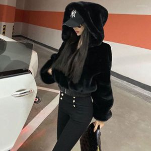 Women's Trench Coats Fashion Black Fur Coat Short Overcoat Harajuku Hooded Tops Zip Up High Waist Women Punk Streetwear Faux Parkas