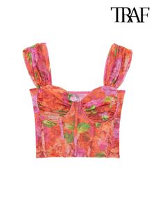 Damskie czołgi Camis Traf Women Sexy Fashion Printed Tiul Tiulle Tops Vintage Square Kołnierz szerokie paski Kobieta Mujer 230511