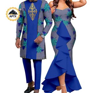 Ethnic Clothing Dashiki African Women Mermaid Dresses Matching Men Outfits Pant Sets Bazin Riche Couple Clothes for Wedding Y22C080 230510