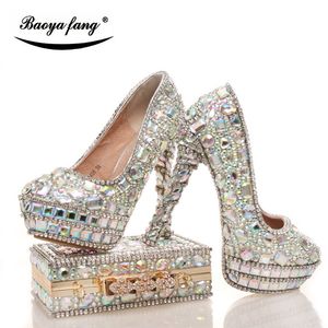 Dress Shoes Womens wedding shoes with matching bags Shining Crystal real leather Bride shoes and purse sets platform shoes Big size 43 230511