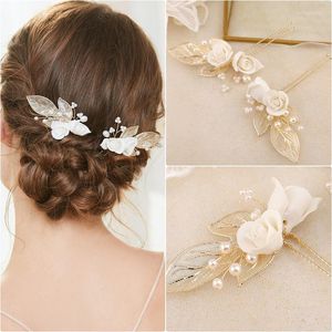 Hair Clips Porcelain Flower Head Piece Pearl Pins For Brides Bridesmaids Gold Color Hairpins Wedding Accessories Bridal Jewelry