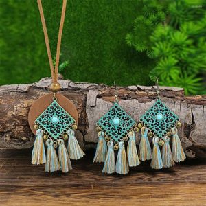 Halskette Ohrringe Set Vintage ethnische geometrische Baumwolle Quaste Damen Boho Türkis Holz Anhänger Halsketten Party Schmuck