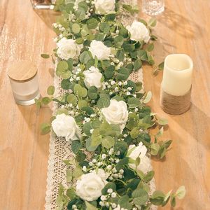 Decorative Flowers Wreaths 180cm Silk White Rose Artificial Garland Babies Breath Gypsophila Decoration Wedding Centerpieces for Tables Accessories 230510