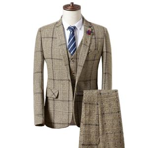Men's Suits & Blazers Nice Casual Business Sets / Male Single Button Lattice Plaid Suit Jacket Coat Trousers Pants Vest