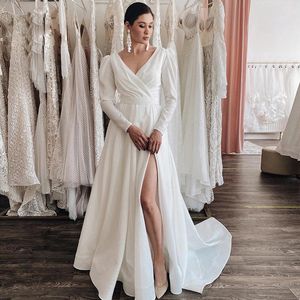 Sexy V Neck Split A Line Wedding Dresses For Bride Open Back Long Sleeve Satin Bridal Gowns Pleat Sweep Train Robe De Mariee 407