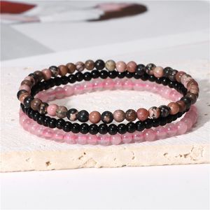 3Pcs/set Natural Stone 4mm Beads Bracelet Set Pink Quartzs Amethysts Agates Tiger Eye Hematite Bracelets For Women Men Jewelry