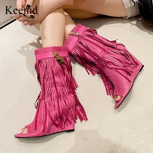 Boots Kcenid Trendy Fold Design Shoes Fringe Wedges Boot Woman High Heels Peep Toe Party Prom Shoes Sexy Zipper Female Pumps 230511