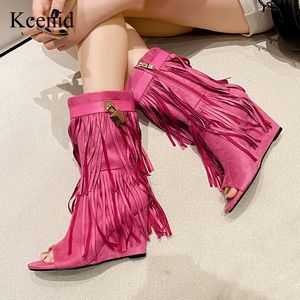 Botas Kcenid Trendy Fold Design Sapates Fringe Women Woman Heels High Peep Toe Party Party Prom Sapatos Sexy Zipper Feminino Bombas 230511