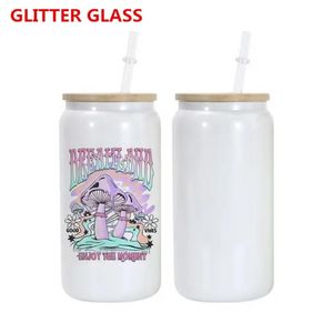 16 Unzen Sublimations-Glitzer-Glasbecher mit Bambusdeckel, wiederverwendbarer Strohhalm, schimmernde Glasbecher, Bierdose, Getränkedose, Becher, Trinkbecher 0511