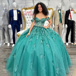 Sálvia verde fora do ombro sem mangas, namorada quinceanera, apliques renda misando vestido de bola brilhante