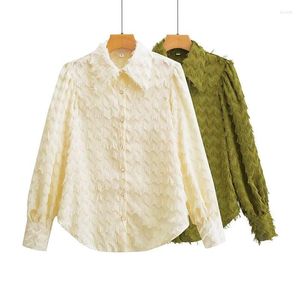 Women's Blouses Women Long Sleeve Tassel Spliced Beige Shirts Single Breasted Elegant Tops Army Green