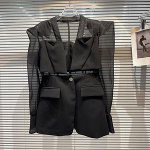 Women's Suits SuperAen 2023 Summer Ladies Mesh Stitching Shoulder Pads Design Solid Color Sunscreen Suit Blazer Women