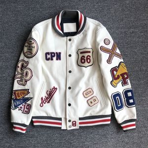 Herrjackor Multi-Letter Brodery White Baseball Uniform Men's Explosive Style Retro Leather Jacket Heavy Industry Coat 230511