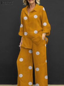 Kvinnors tvåbitar byxor Zanzea Stylish Women Pants Set Spring Long Sleeve Tops Wide Leg Trousers Suits 2st Polka Dot Matching Set Loose Outifits 230511