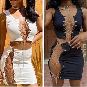 Designer Dress Women Two Pieces Skirts Set New Sexy Casual Dresses Hollow Out Chain Top Strap Open Navel Vest T-shirt Short Skirt