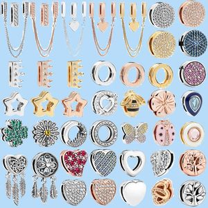 925 Sterling Silver Charms för Pandora smycken pärlor färgreflektioner klipp pärlor charms runda kristallkrona hjärtkärlek