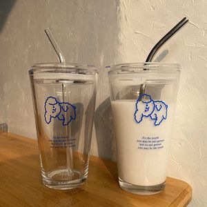 New Heat-resistant Glass Water Cup with Lid Straw Creative Cartoon Milk Juice Household Glass Cute Puppy Water Bottle