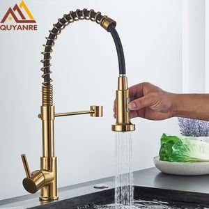 Kitchen Faucets Brushed Gold Faucet Pull Down 2way Spray Single Handle Cold Water Mixer Tap 360 Rotation Torneira Cozinha 230510