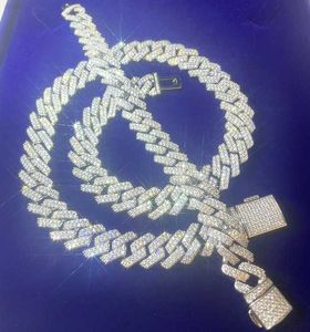 Heta försäljningssmycken 925 Solid Silver 2Rows 20 22 24 tum Set Moissanite Diamond Necklace Cuban Link Chain för män