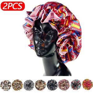 Hijabs 2Pcs Set Women Satin Bonnet Cap Double Layer Silky Big Bonnet For Lady Printing Sleep Cap Head Wrap Printing Bath Cap 230511