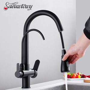 Kitchen Faucets Filter Brushed Nickel Brass With Pure Water Pull Out Style Rotatble Cold Crane 230510
