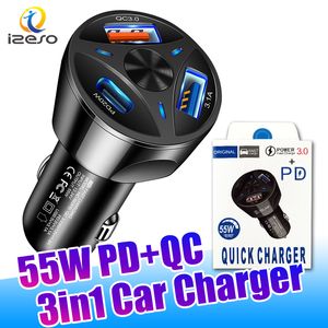 55W 3in1 USB PD Charger Type C USB3.0 Snabbladdadapter för iPhone Samsung Mobiltelefoner Fordonsladdare med detaljhandelspaket izeso