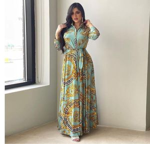 Ubranie etniczne moda francuskie eleganckie sukienki maxi dla kobiet retro druk muzułmański Dubai Abaya Lapel Sukienka z długim rękawem