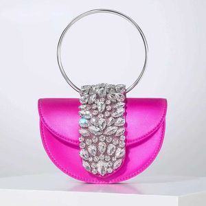 Shoulder Bags Shiny Rhinestone Half Round Satin Women Elegant Boutique Metal Ring Handle Evening Clutch Purses and Handbags Wedding Party 230426