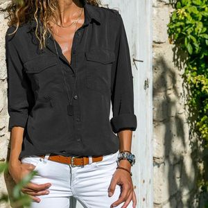 Kvinnors T-skjortor Womens V Neck Turn-Down Collar Butblus Topp damer Långärmad avslappnad sommararbetskläder för skjorta för