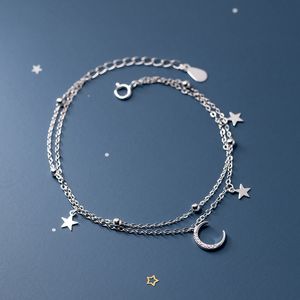 شهيرة 925 Sterling Silver Star Moon Bracelet الهندسية ذات الطبقة المزدوجة سوار الحفلات الهدية