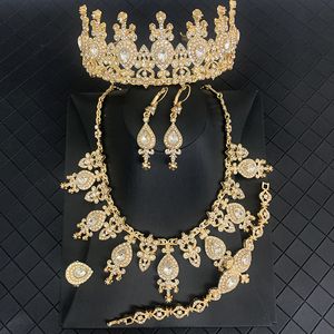 Wedding Jewelry Sets Gold Color Metal Turkish Set Bracelet Earring Necklace Ring Crown Bijoux Arab Bride Gift 230511