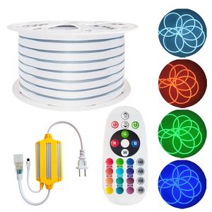 AC 110-120V Flexible RGB LED Strip Lights, 60 LEDs/M, Waterproof, Multi Color Changing 5050 SMD LED Rope Light + Remote Controller for Wedding Party Decoration usalight