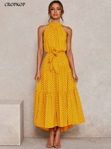 Casual Dresses Summer Long Dress Polka Dot Black Sexy Halter Axless Yellow Sundress Semesterkläder för kvinnor 230511