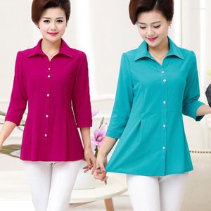 Kvinnors blusar Kvinnor Elegant Summer Fall Top 3/4 Sleeve Green Blouse Button Up Peplum Slim Ruffle Vintage Blusa Collared Shirts 2023