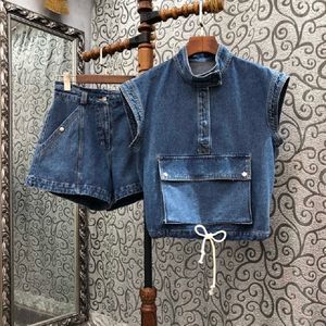 Kvinnors tvåbitar byxor 100%bomull denim kort set vår sommar 2 set damer pocket lapptoppar+casual blå jeans kostymer 230510