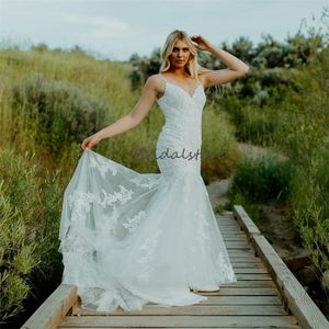 Suknia ślubna syreny z syreną plus 2023 Białe paski spaghetti jesień wiejskie suknie ślubne Szybko wysyłka japońska oblubienica szata Mariee femme vestido de noiva