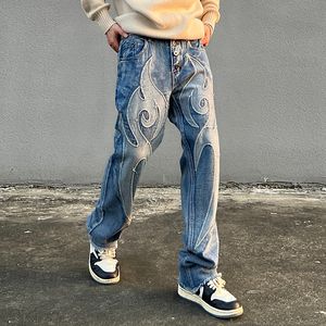 Mens Jeans High Street Solid Color Patchwork Skalls Embrodery Casual Denim Pants Men and Women Elastic Midje Baggy byxor 230511