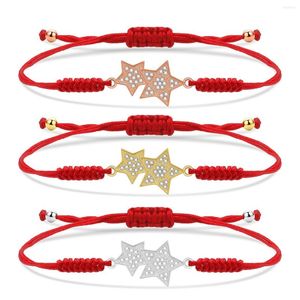 Charm Bracelets Cubic Zirconia Stone Shiny CZ Crystal Red String Two Five-point Star Macrame Braided Bracelet Women Adjustable Jewelry