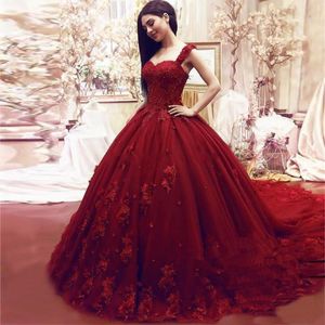 Quinceanera Dresses Princess Red Appliques Flowers Ball Gown Sweetheart Lace-Up Tulle Plus Size Sweet 16 Debutante Party Vesthiondos de 15 Anos 114