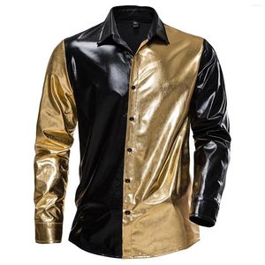 Erkekler Sıradan Gömlekler Erkek Metalik Üstler Renk Bloğu Gömlek Moda Uzun Kollu Düğme 70s Disko Tema Partisi Sahne Performans Kostüm